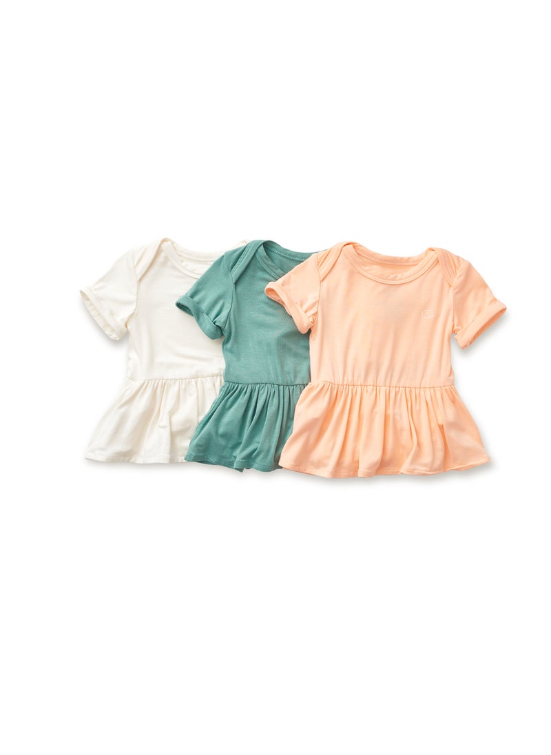 Anvi Baby Organic Bamboo Spandex Onesie Dress- Gift Set Girls- Peach/Sage/White  - Image 1