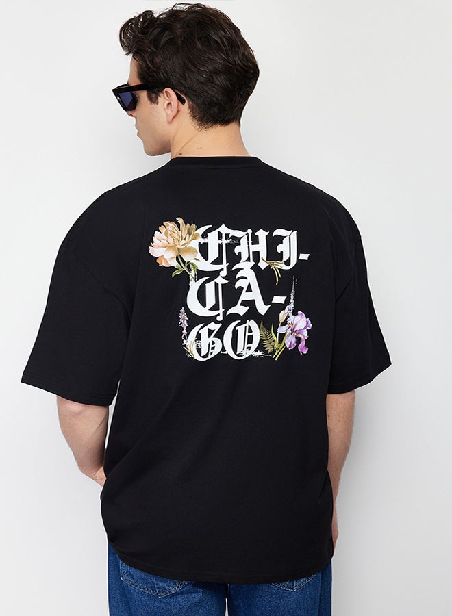 trendyol Black Oversize/Wide Cut Chicago City Printed 100% Cotton Short Sleeve T-Shirt TMNSS24TS00167  - Image 5