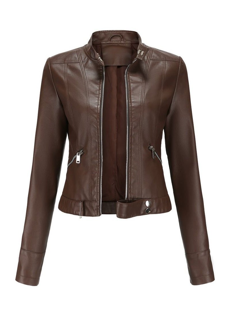 Loquat Women's Leather Jacket With Short Standing Collar Brown  - Image 1