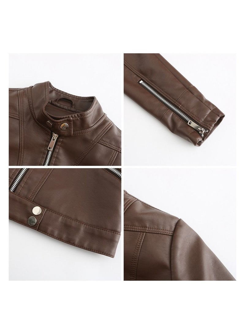 Loquat Women's Leather Jacket With Short Standing Collar Brown  - Image 2