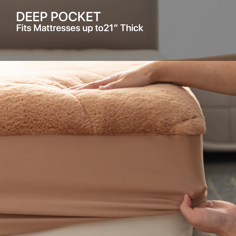 TEXSTEAD Faux Fur Fitted Mattress Pad Quilted Bottom Sheet, Fluffy Mattress Protector Cover, Luxury Soft Fitted Sheet Mattress Topper with 8-21" Deep Pocket Queen - Image 5