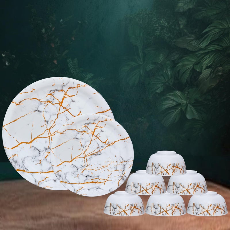 Serve n Style طقم عشاء مكون من 18 قطعة من الميلامين Serve N Style | أنيق، خفيف الوزن، غير قابل للكسر، آمن في الفريزر، آمن في غسالة الصحون، طقم أواني للاستخدام اليومي لتناول الطعام والهدايا | شكل دائري (18PC OM-MarbelWhite) - Image 1