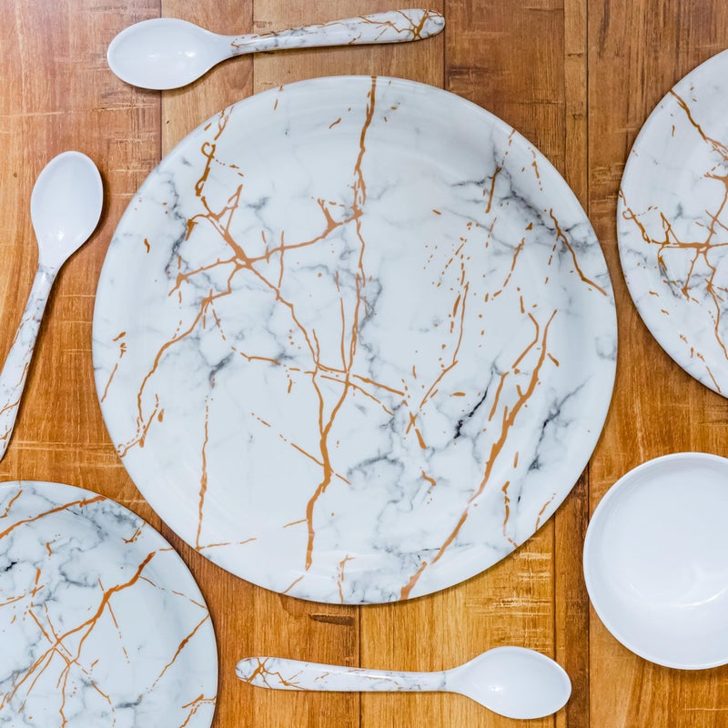 Serve n Style طقم عشاء مكون من 18 قطعة من الميلامين Serve N Style | أنيق، خفيف الوزن، غير قابل للكسر، آمن في الفريزر، آمن في غسالة الصحون، طقم أواني للاستخدام اليومي لتناول الطعام والهدايا | شكل دائري (18PC OM-MarbelWhite) - Image 2