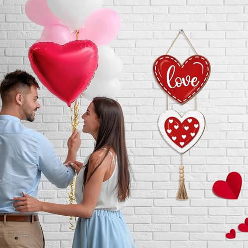 Sionoiur Valentines Day Heart Door Sign Decorations, Love Red Heart Wooden Hanging Signs, Happy Valentines Day Wreath Home Decor for Front Door, 2 Hearts Wood Wall Hanger Rustic Sign with Tassel - Image 5