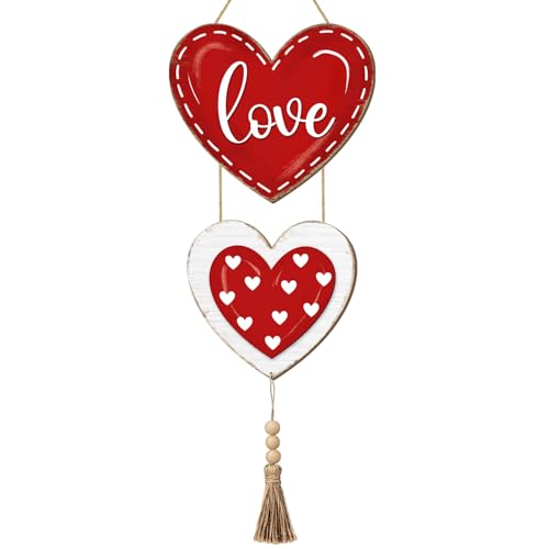 Sionoiur Valentines Day Heart Door Sign Decorations, Love Red Heart Wooden Hanging Signs, Happy Valentines Day Wreath Home Decor for Front Door, 2 Hearts Wood Wall Hanger Rustic Sign with Tassel - Image 1