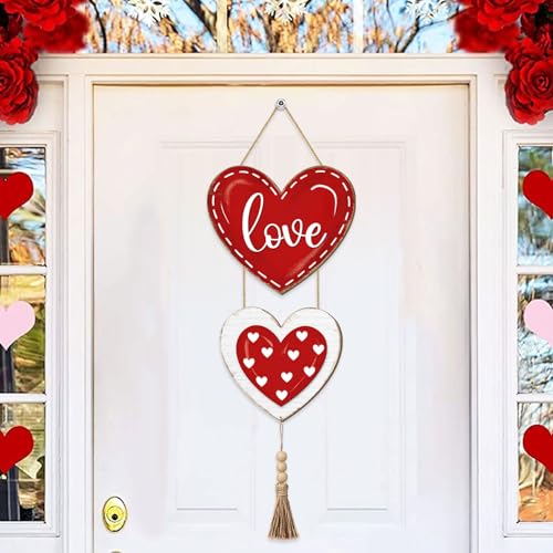 Sionoiur Valentines Day Heart Door Sign Decorations, Love Red Heart Wooden Hanging Signs, Happy Valentines Day Wreath Home Decor for Front Door, 2 Hearts Wood Wall Hanger Rustic Sign with Tassel - Image 3