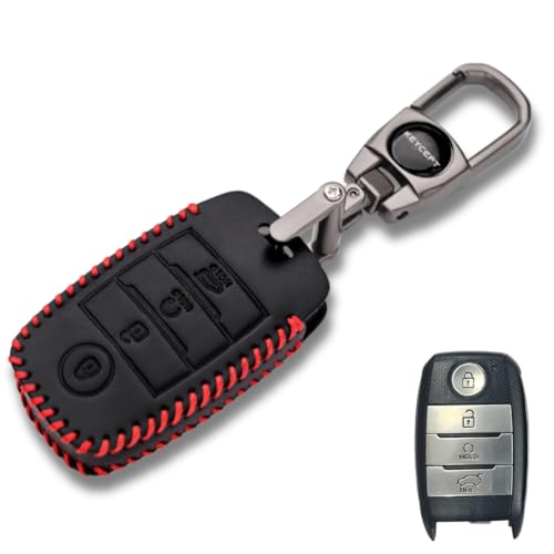 KEYCEPT Classic Leather Key Cover Compatible for Kia Seltos | Kia Sonet | Kia Carens | Sonet HTX | Facelift in Year 2019, 2020, 2021, 2022 4 Button Smart Key with Keychain (Type 2). - Image 1