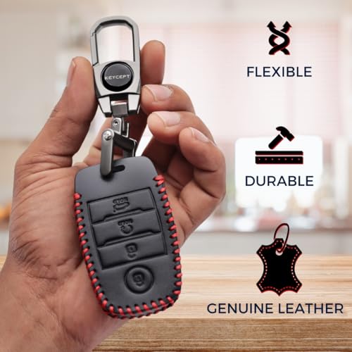 KEYCEPT Classic Leather Key Cover Compatible for Kia Seltos | Kia Sonet | Kia Carens | Sonet HTX | Facelift in Year 2019, 2020, 2021, 2022 4 Button Smart Key with Keychain (Type 2). - Image 3
