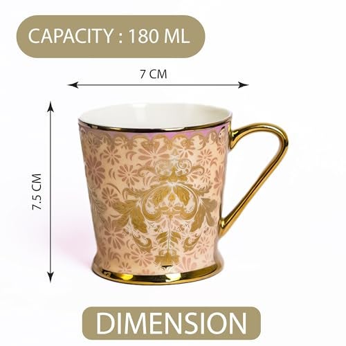 Femora Royal Pink Damask Gold Ceramic Tea and Coffee Mugs, (180 ml, Golden) - 6 Pcs Set (NOT Microwave Safe) - Image 3