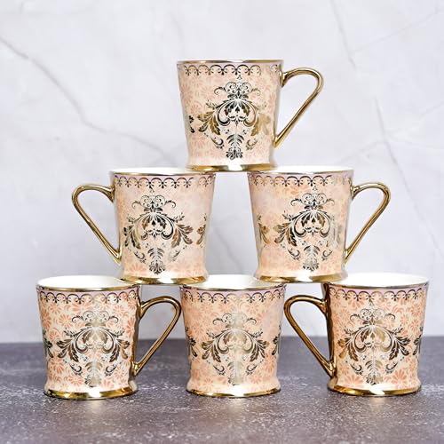 Femora Royal Pink Damask Gold Ceramic Tea and Coffee Mugs, (180 ml, Golden) - 6 Pcs Set (NOT Microwave Safe) - Image 5