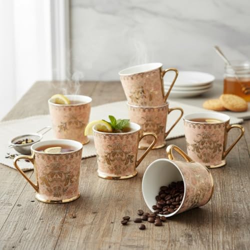 Femora Royal Pink Damask Gold Ceramic Tea and Coffee Mugs, (180 ml, Golden) - 6 Pcs Set (NOT Microwave Safe) - Image 4