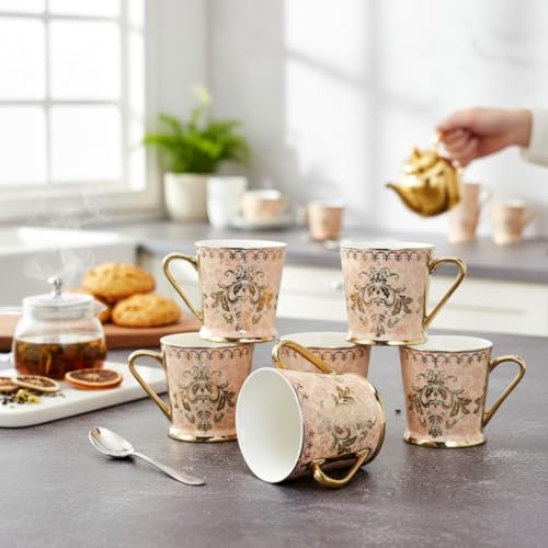 Femora Royal Pink Damask Gold Ceramic Tea and Coffee Mugs, (180 ml, Golden) - 6 Pcs Set (NOT Microwave Safe) - Image 1
