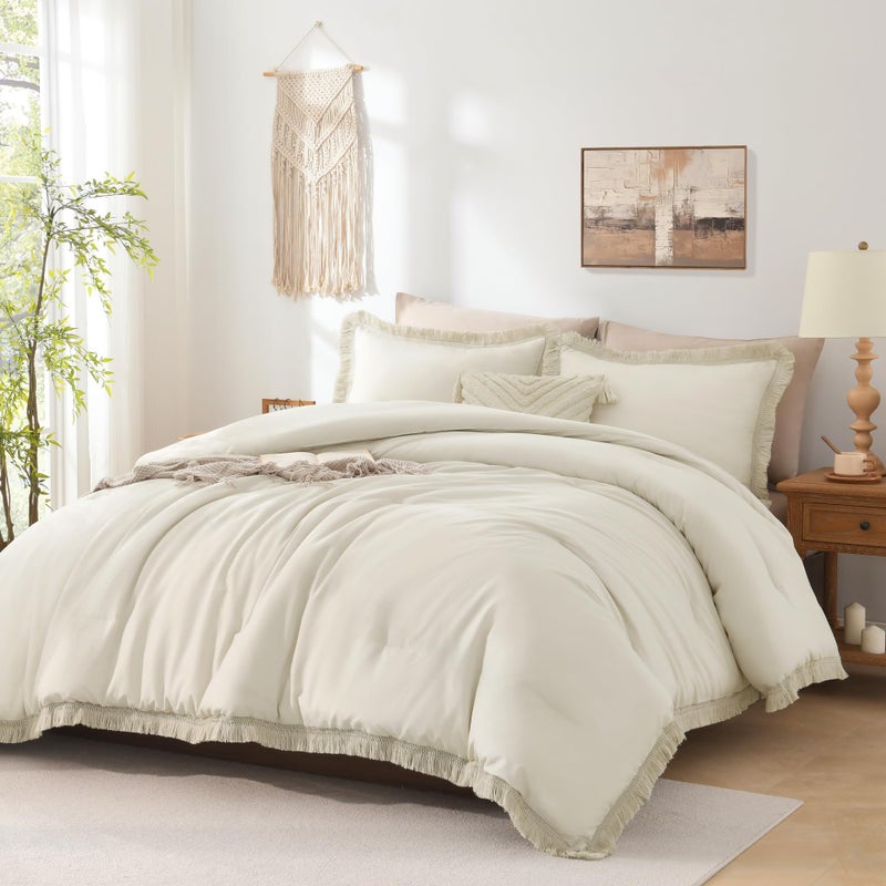 Andency Queen Comforter Set Beige 3 Pieces Boho Lightweight Fluffy Bedding Comforters  Sets Soft Tassel All Seasons Bed Set Gift Choice 90x90In Comforter  2 Pillowcases