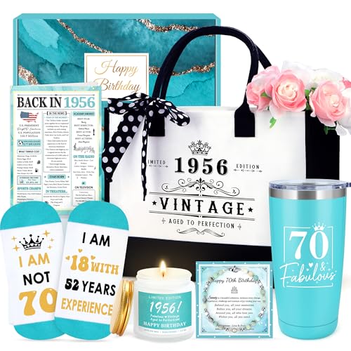Launrada 70th Birthday Gifts for Women 70 Year Old Birthday Gifts for Women Cool 1956 Gift Ideas for Female Funny Gift for 70 Year Old Womens Happy 70th Bday Decoration Baskets for Female Mom with Tumbler Bag - Image 1