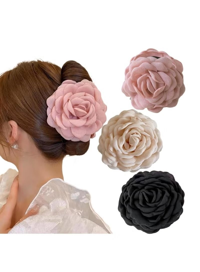 Set of 3 Large Rose Hair Clips in Black, Beige, Light Pink for Women and Girls, Flower Shaped Hair Claws. - Image 1