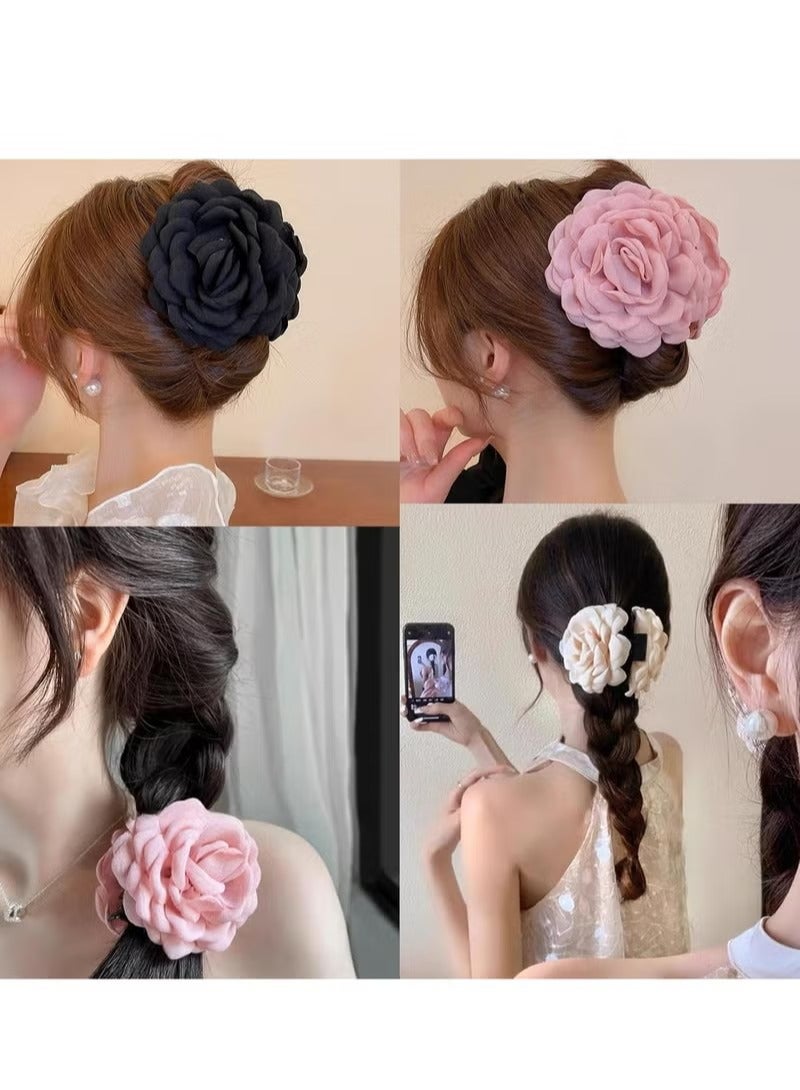 Set of 3 Large Rose Hair Clips in Black, Beige, Light Pink for Women and Girls, Flower Shaped Hair Claws. - Image 3
