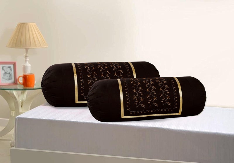 Rj Products Cotton Bale Embroidery Bolsters Covers Pack of 2 Piece (Brown_Coffee) - Image 1