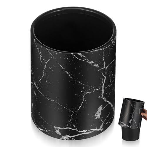 HOLIDYOYO Double Layer Marble Pattern Trash Can Round Garbage Bin 8L Black Waste Basket Container for Kitchen Bathroom Home Office Hotel - Image 1