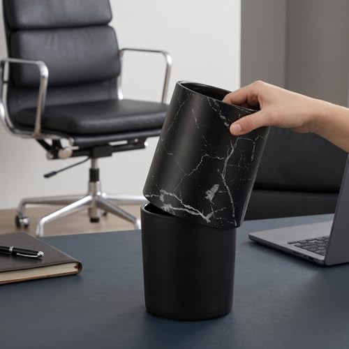 HOLIDYOYO Double Layer Marble Pattern Trash Can Round Garbage Bin 8L Black Waste Basket Container for Kitchen Bathroom Home Office Hotel - Image 3