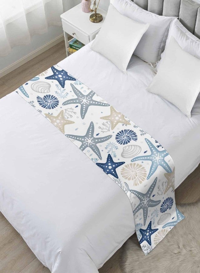 Homechoid Blue Khaki Coral Bed Runner for King Size Bed, Bedspread Protector Slipcover Bed Scarf for Foot Bed Runners & Scarves for Bedroom Hotel 102x20 Spring Summer Coastal Starfish Beach Nautical Conch - Image 1