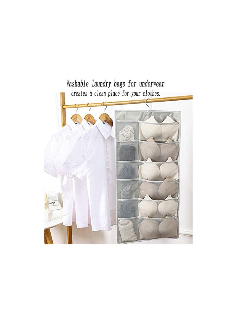 GGOOT Dual-Sided Hanging Closet Organizer with 30 Mesh Pockets Underwear Organizer with Rotating Metal Hanger Oxford Storage Bags for Bra Underwear Socks Stockings (Beige) - Image 3