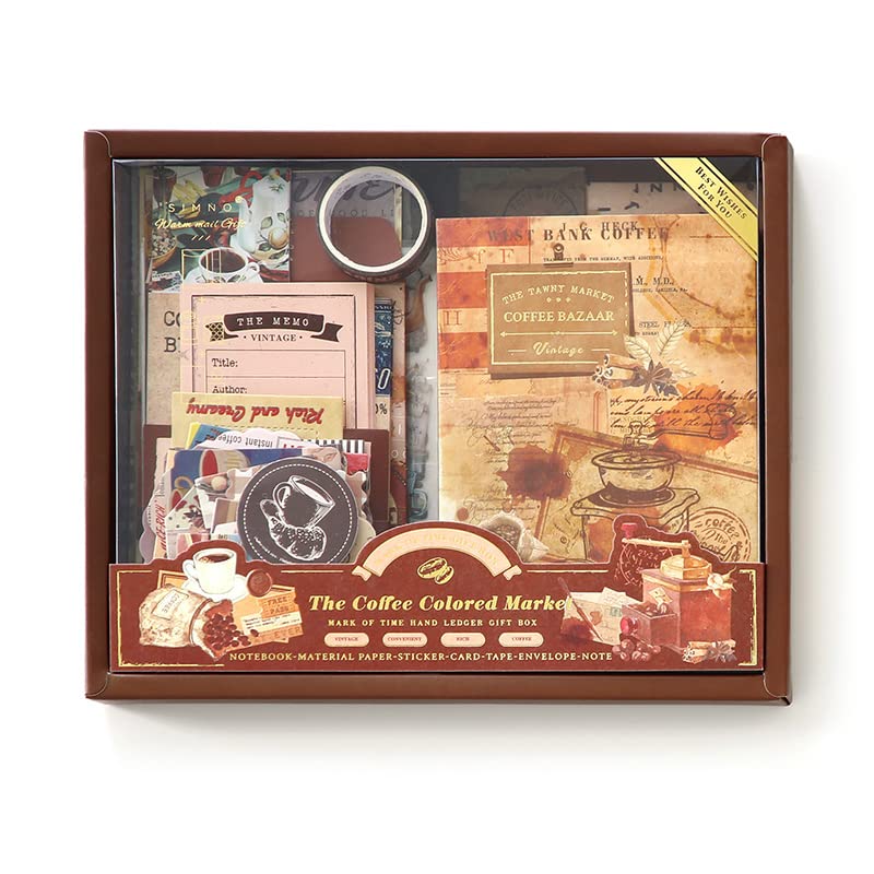 Retailio 348 Pcs Scrapbook Kit Vintage Aesthetic Scrapbook Kit for Bullet Junk Journal Stationery A6 Grid Notebook DIY Journaling Supplies Birthday Craft Gift Coffee