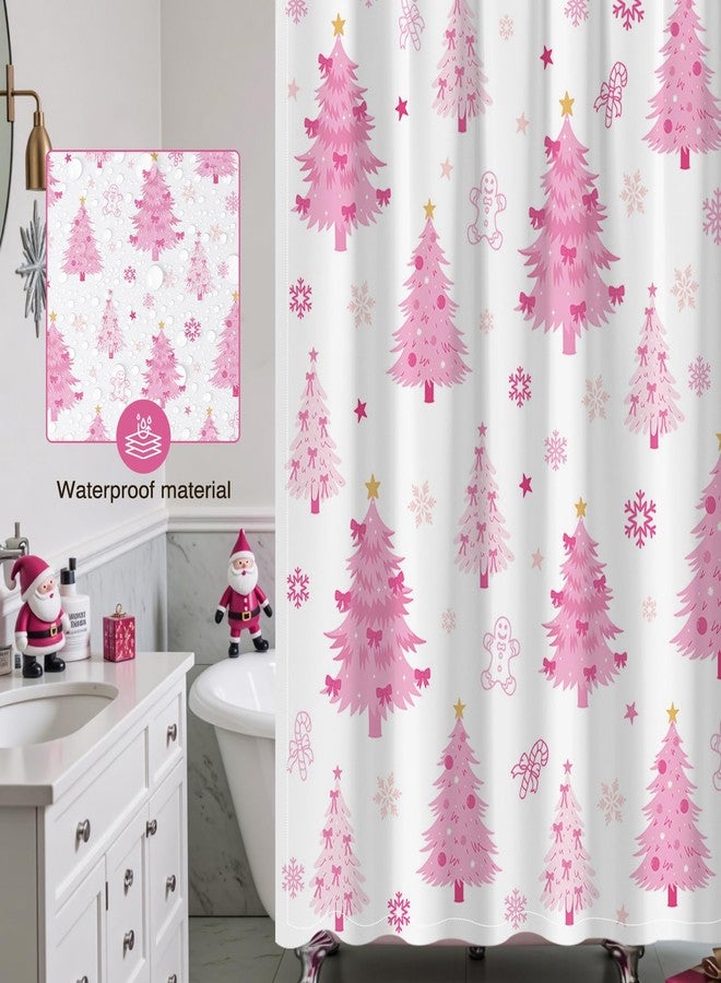 Mocsicka Christmas Shower Curtain Cute Pink Xmas Tree Bow Shower Curtain with 12 Hooks Waterproof Xmas Tree Stars Snowflake Bath Curtain for Holiday Christmas Bathroom Decor, 72 X 72 Inch - Image 5