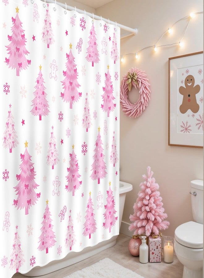 Mocsicka Christmas Shower Curtain Cute Pink Xmas Tree Bow Shower Curtain with 12 Hooks Waterproof Xmas Tree Stars Snowflake Bath Curtain for Holiday Christmas Bathroom Decor, 72 X 72 Inch - Image 2