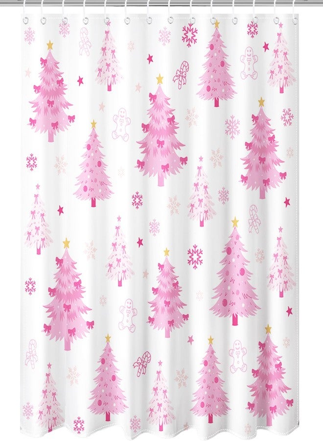 Mocsicka Christmas Shower Curtain Cute Pink Xmas Tree Bow Shower Curtain with 12 Hooks Waterproof Xmas Tree Stars Snowflake Bath Curtain for Holiday Christmas Bathroom Decor, 72 X 72 Inch - Image 1