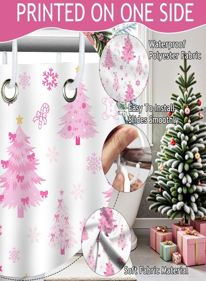 Mocsicka Christmas Shower Curtain Cute Pink Xmas Tree Bow Shower Curtain with 12 Hooks Waterproof Xmas Tree Stars Snowflake Bath Curtain for Holiday Christmas Bathroom Decor, 72 X 72 Inch - Image 4