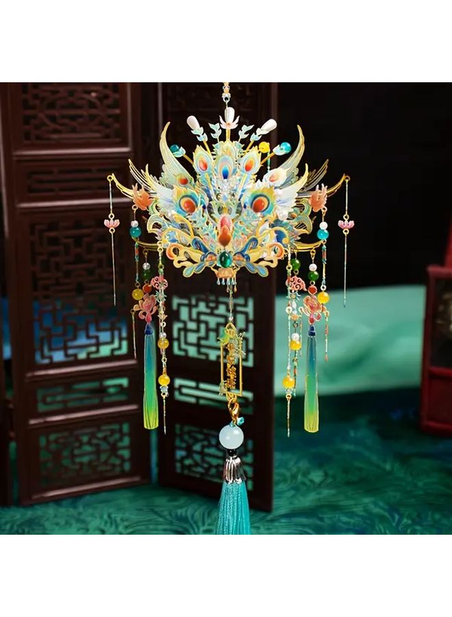 Suzaku Phoenix Crown 3D Metal Puzzle Vibrant Blue Gold Beads Tassels Birthday Christmas Gift - Image 3