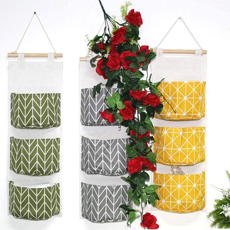 KAHEIGN 3Pcs Wall Hanging Storage Bag, 60 x 20cm Stackable 3-Layer Hanging Bag - Waterproof Linen Fabric Hanging Wide Pocket Organizer for Bedroom Bathroom Kitchen Office Wardrobe Clothes Rail - Image 5