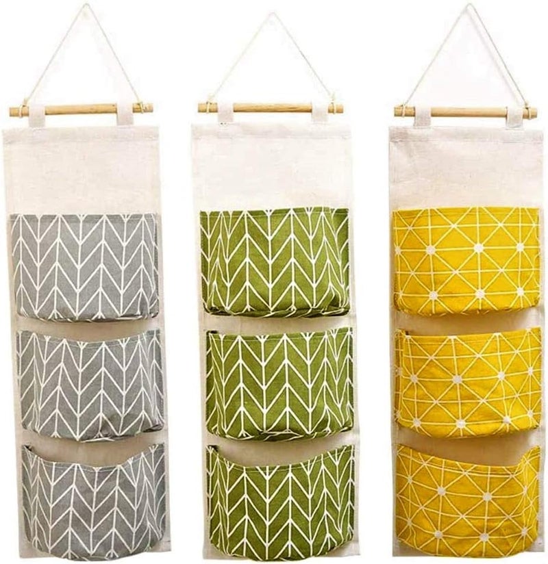 KAHEIGN 3Pcs Wall Hanging Storage Bag, 60 x 20cm Stackable 3-Layer Hanging Bag - Waterproof Linen Fabric Hanging Wide Pocket Organizer for Bedroom Bathroom Kitchen Office Wardrobe Clothes Rail - Image 1
