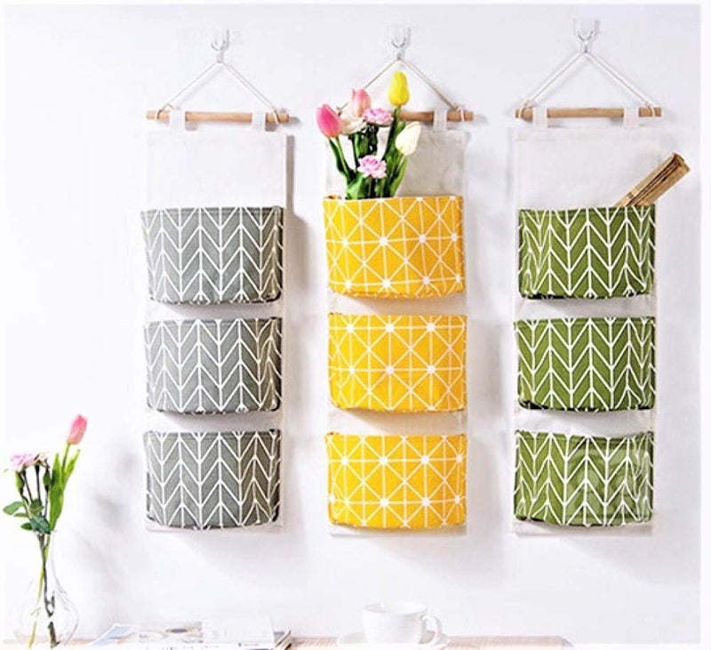 KAHEIGN 3Pcs Wall Hanging Storage Bag, 60 x 20cm Stackable 3-Layer Hanging Bag - Waterproof Linen Fabric Hanging Wide Pocket Organizer for Bedroom Bathroom Kitchen Office Wardrobe Clothes Rail - Image 2