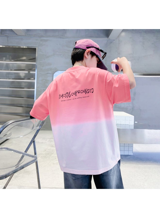 Boys' Summer Korean Style Gradient Pink Short-sleeved T-shirt  New Style Youth And Kidsren's Summer Clothing Loose Ice-feel Top