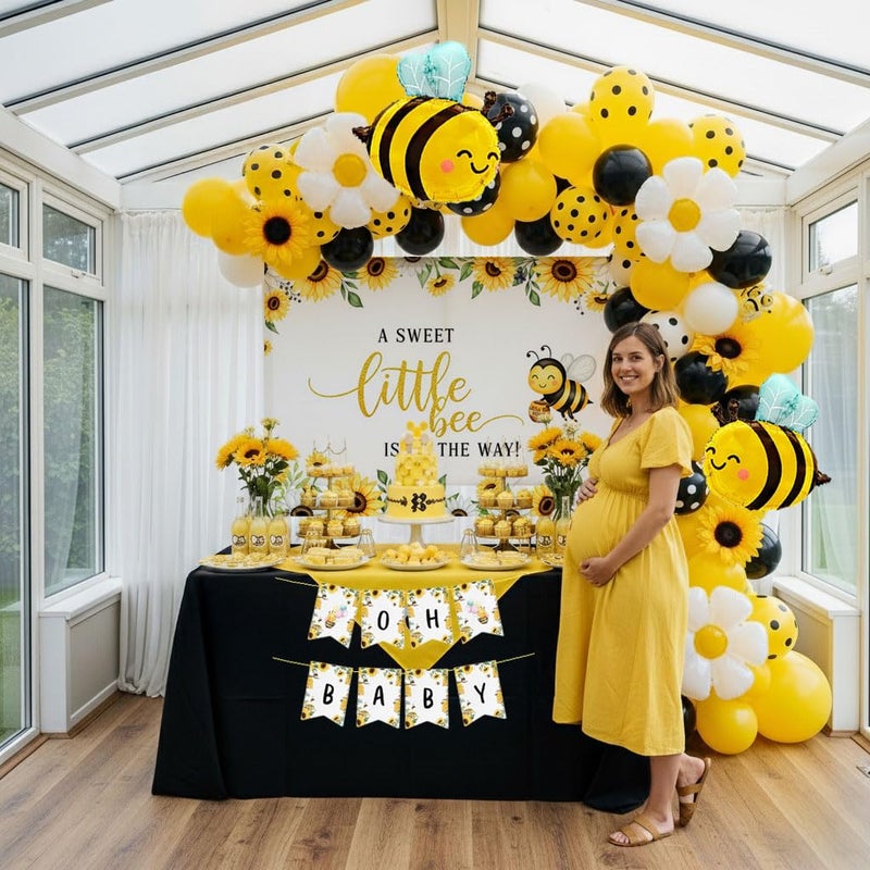 kozee A little Bee is on the Way Baby Shower Decorations - with Yellow Black White Balloon arch & Bee daisy polka dot prints foil balloons & Banner backdrop for Honey Gender Reveal Party Supplies - Image 4