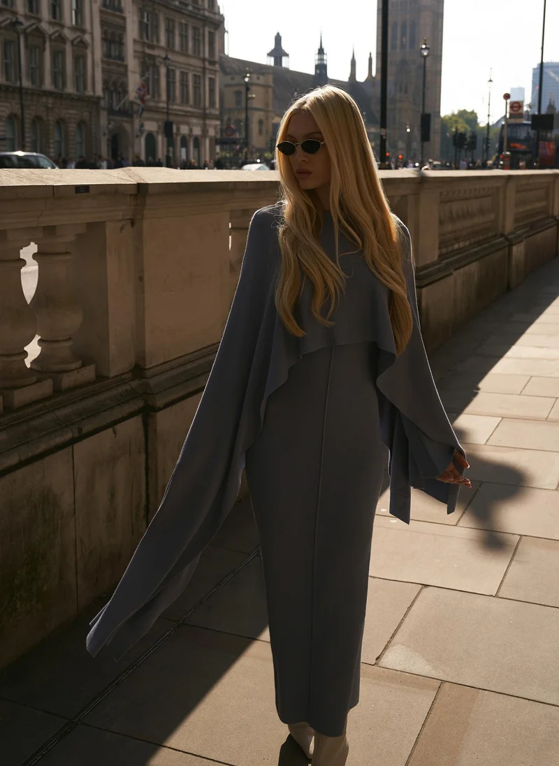 Lichi  Viscose knitted maxi dress with long shoulder cape for Women | Best Price UAE