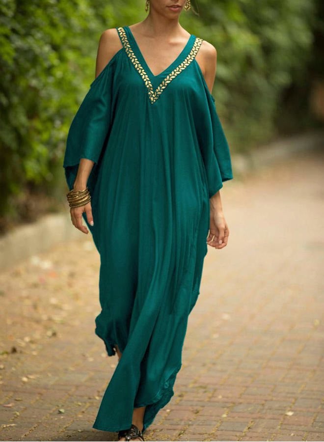 Bsubseach Women Cold Shoulder V Neck Plus Size Bikini Swimsuit Cover Ups Beach Maxi Dress Peacock Green - Image 4