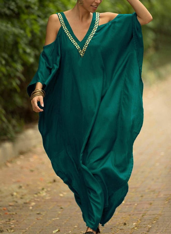 Bsubseach Women Cold Shoulder V Neck Plus Size Bikini Swimsuit Cover Ups Beach Maxi Dress Peacock Green - Image 3