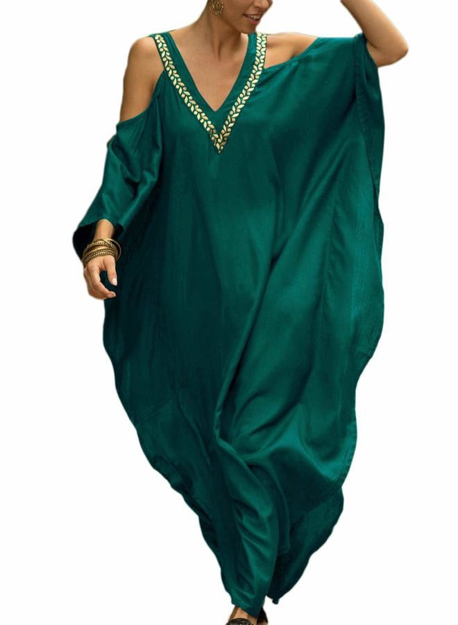 Bsubseach Women Cold Shoulder V Neck Plus Size Bikini Swimsuit Cover Ups Beach Maxi Dress Peacock Green - Image 1