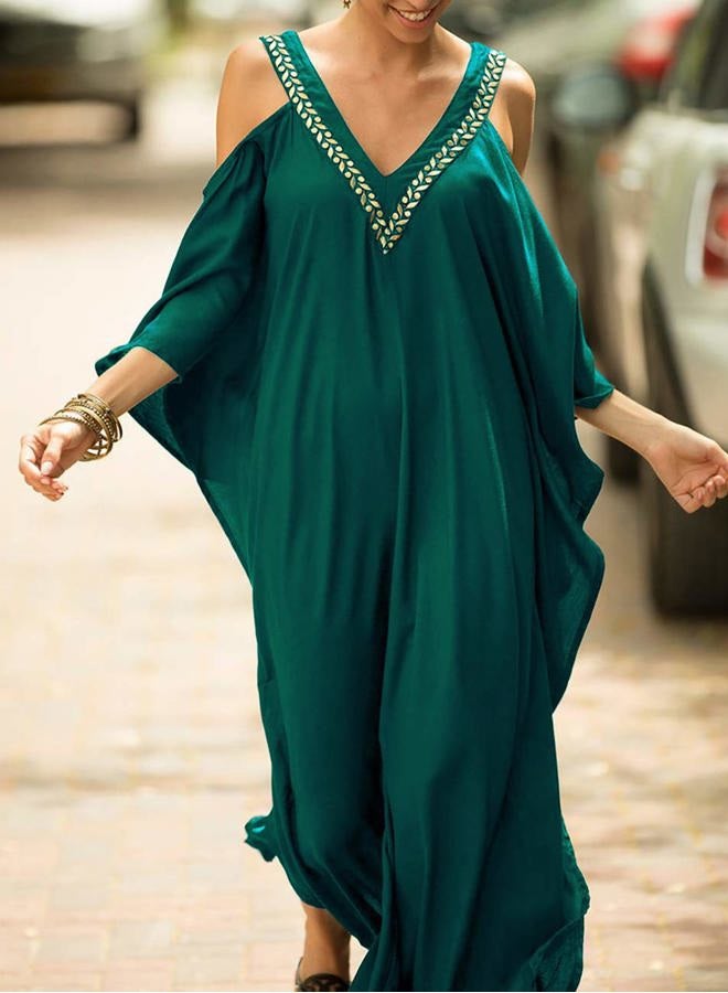Bsubseach Women Cold Shoulder V Neck Plus Size Bikini Swimsuit Cover Ups Beach Maxi Dress Peacock Green - Image 2