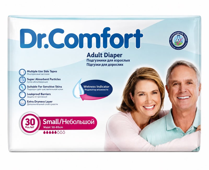Dr. Comfort Adult Diapers, Highly Absorbent Incontinence Care, Size Small (Waist 50-85cm), 30 Count - Pack of 1
