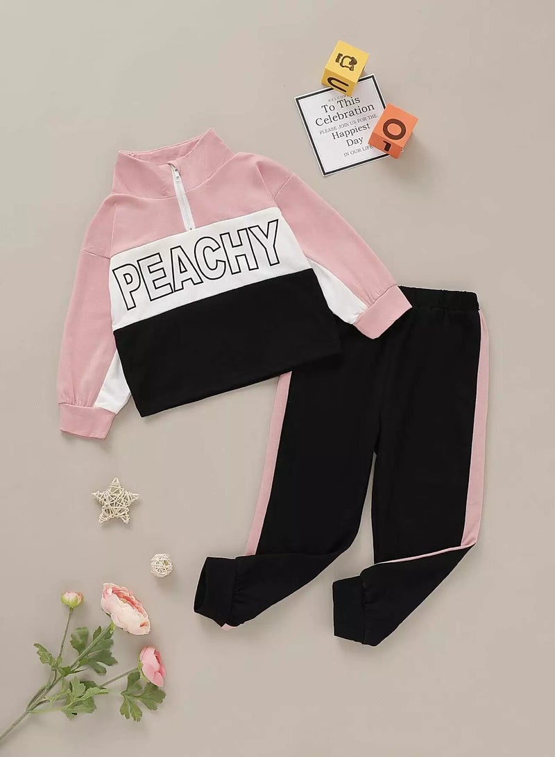 Toddler Girls Cut And Sew Half Zipper Tracksuit Set - Image 1