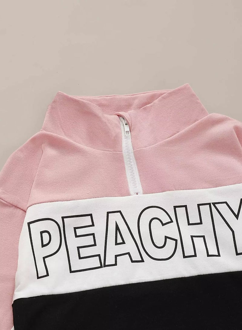 Toddler Girls Cut And Sew Half Zipper Tracksuit Set - Image 3