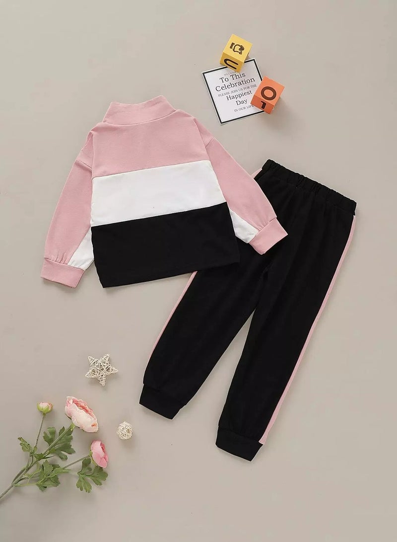 Toddler Girls Cut And Sew Half Zipper Tracksuit Set - Image 2