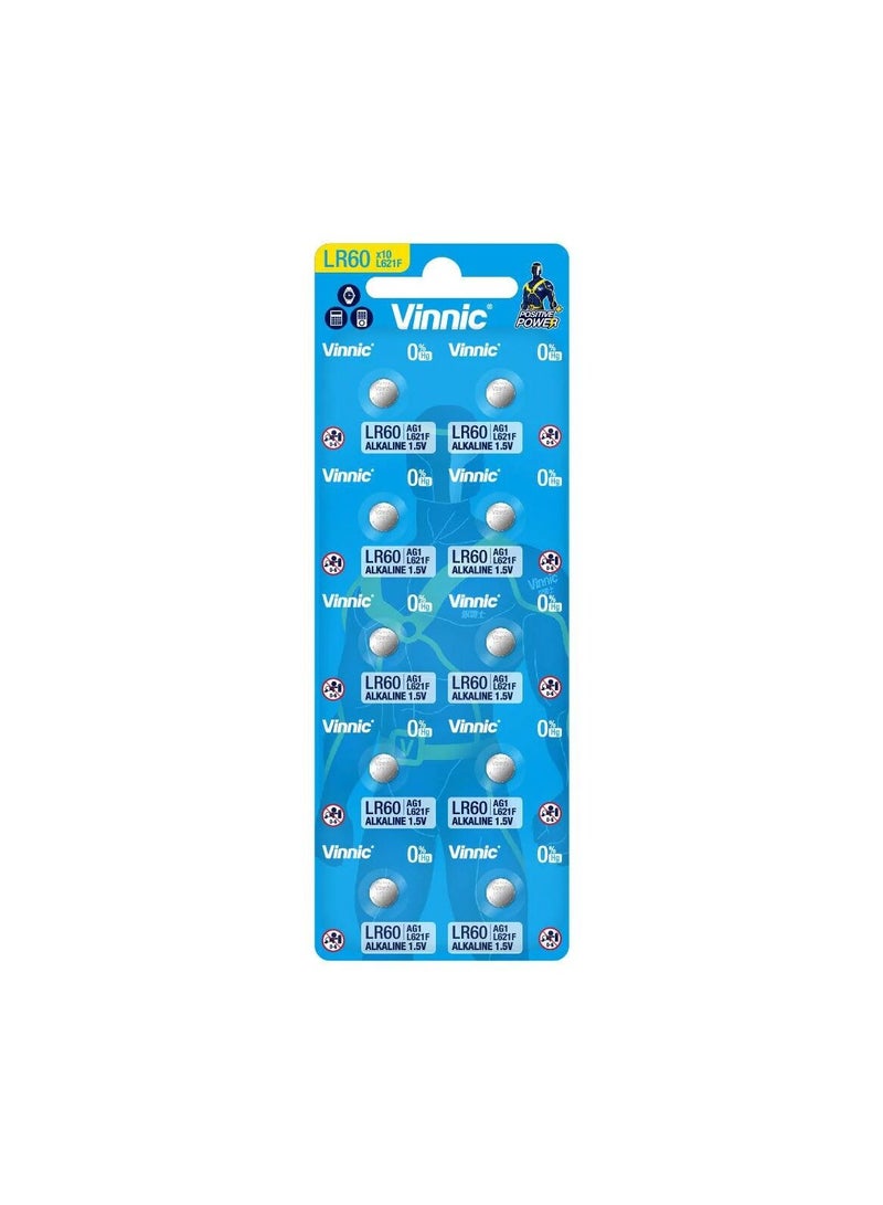 10-Pieces Vinnic AG1 (L621F) (LR60) Alkaline 0%Hg 1.5V Batteries