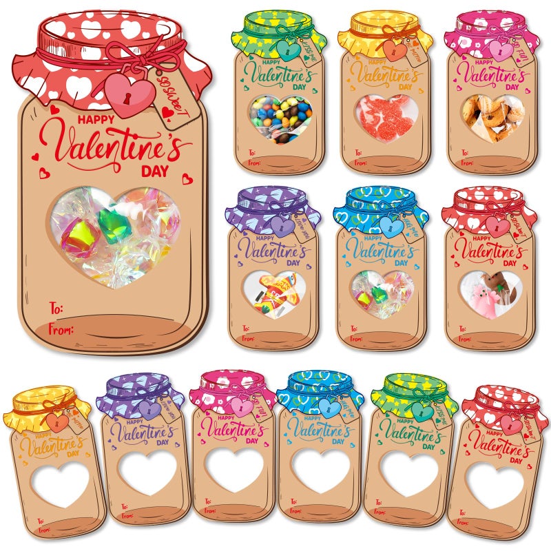 Jumlys 60 Pack Valentines Cards for Kids Classroom, Mason Jar Valentines Day Cards Set with Treat Bag, Perfect Candy Jar Valentines Cards for Kids School, Ideal Valentines Day Gifts for Boys Girls - Image 1