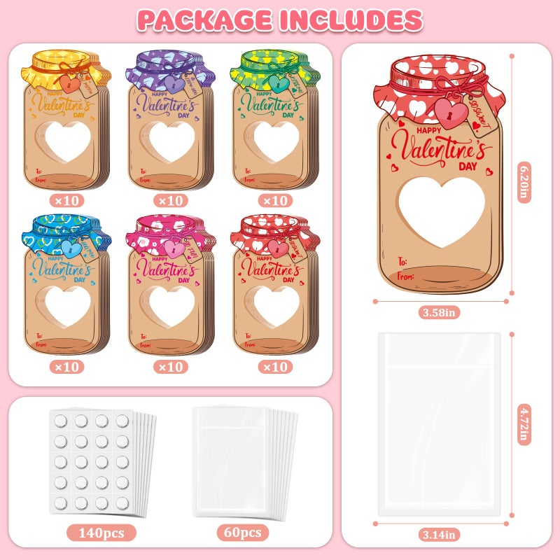 Jumlys 60 Pack Valentines Cards for Kids Classroom, Mason Jar Valentines Day Cards Set with Treat Bag, Perfect Candy Jar Valentines Cards for Kids School, Ideal Valentines Day Gifts for Boys Girls - Image 3