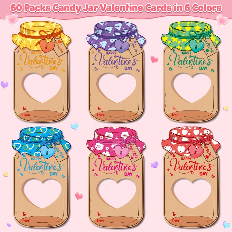 Jumlys 60 Pack Valentines Cards for Kids Classroom, Mason Jar Valentines Day Cards Set with Treat Bag, Perfect Candy Jar Valentines Cards for Kids School, Ideal Valentines Day Gifts for Boys Girls - Image 2