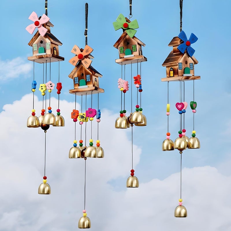 Oblivion Wooden Wind Chime for Home Décor – Colorful Bird House Hanging with 5 Metal Bells | Feng Shui & Vastu Showpiece for Positive Energy | Balcony, Living Room & Diwali Gift Decoration (2 pcs) - Image 1